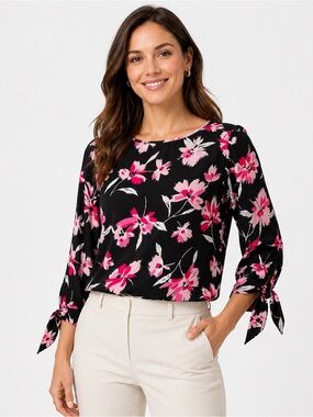 Nine West Women’s Medium Tulip Floral 3/4 Tie Sleeve Blouse Black Pink Top NWT